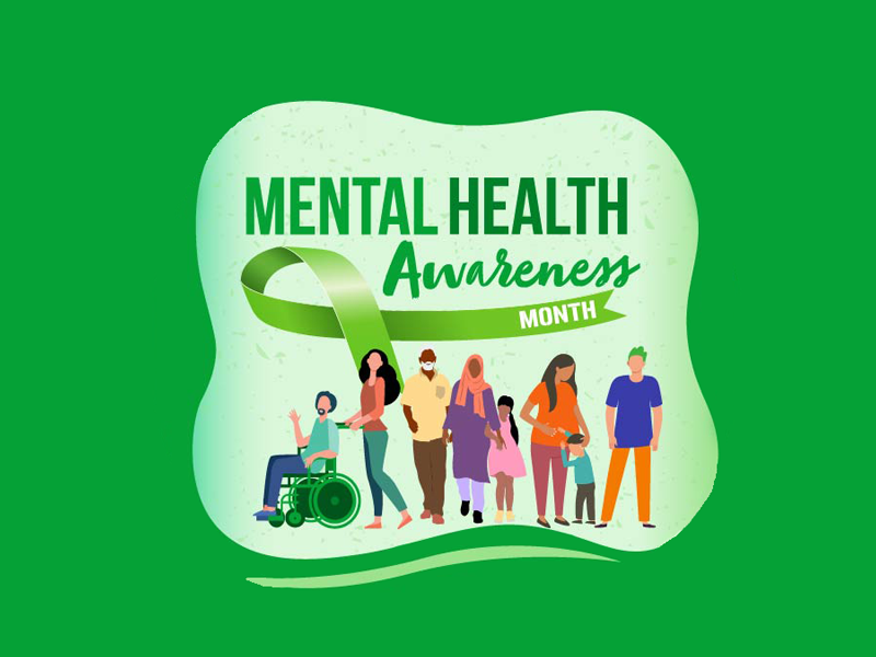 A graphic depiction of a diverse group of individuals. Text above the image reads: “Mental Health Awareness Month”