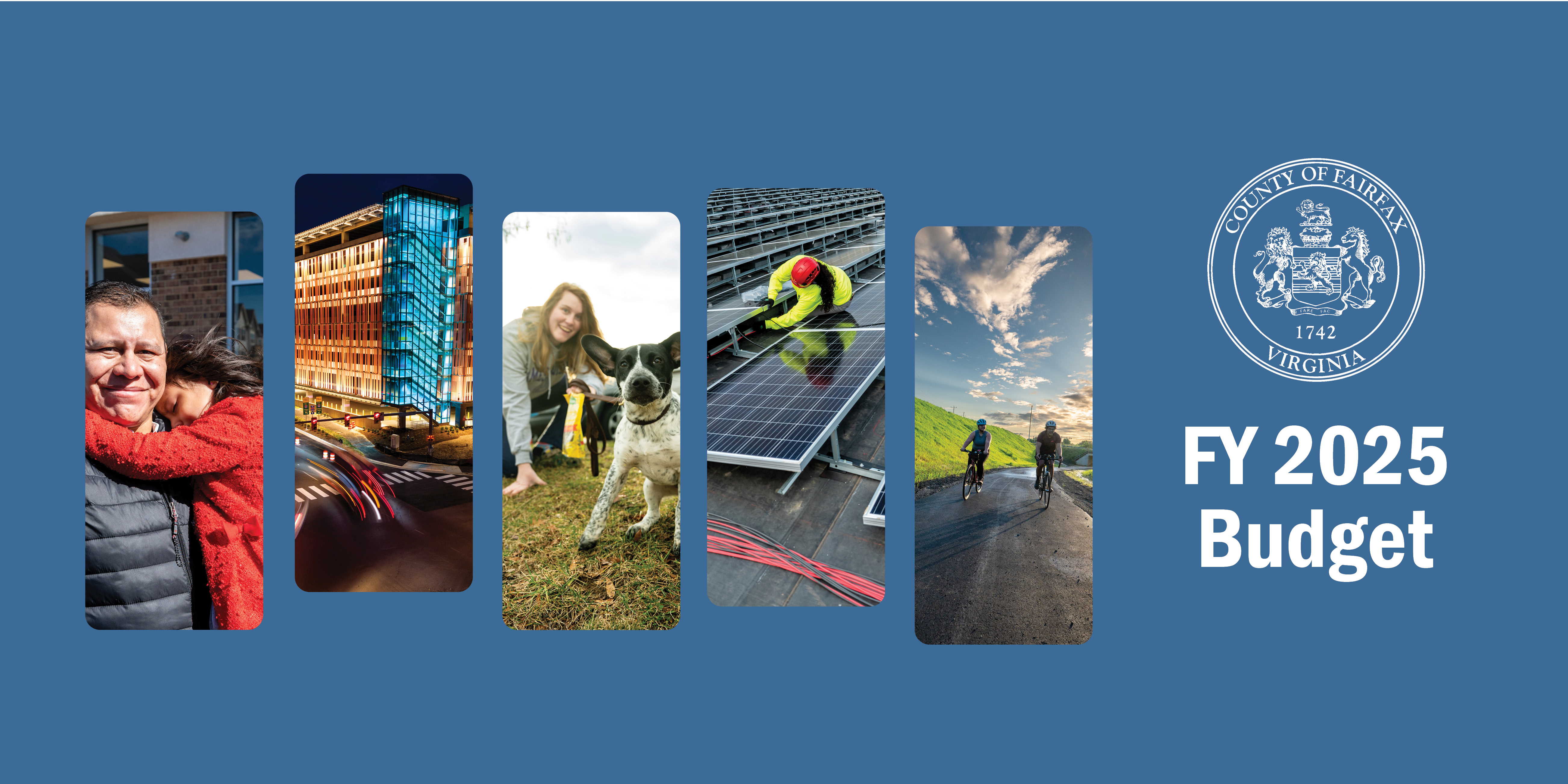 Images of man and child, buildings, woman and dog, solar panels and worker, cyclists