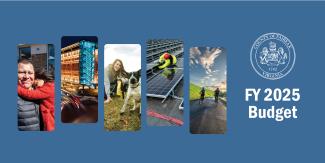 Images of man and child, buildings, woman and dog, solar panels and worker, cyclists