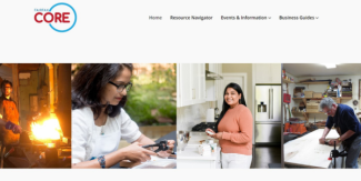 Fairfax CORE website homepage featuring collage of small business workers and website navigation options