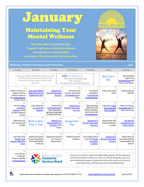 January Wellness Activities Calendar Community Services Board