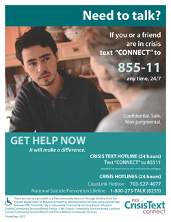 Image of crisis text hotline poster in English