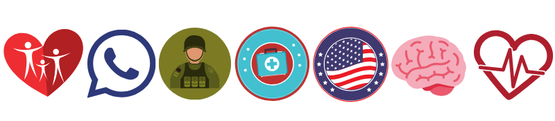 Icons for family, phone, military, US flag, brain, first aid, heart