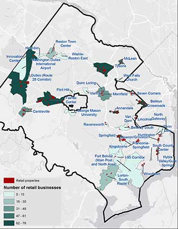 Map showing retail access in Fairfax County activity centers.