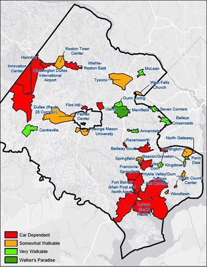 Walk score map of activity centers in Fairfax County.