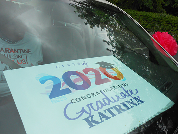 vehicle with sign 2020 graduate Katrina