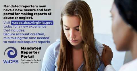 Mandated Reporter Portal graphic - doctor using laptop; Mandated reporters now have a new, secure and fast portal for making reports of abuse or neglect. Visit vacps.dss.virginia.gov today for a new experience that includes: secure account creation, minimizing the time needed to make subsequent reports