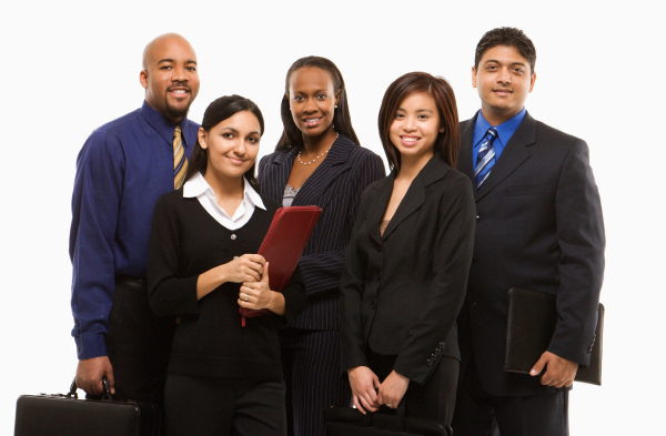 group of five people in business attire