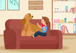 Animated boy with dog at home