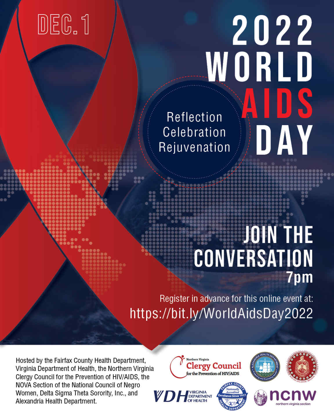 Blue, red, and white flyer with information about World AIDS Day 2022 Virtual Conversation