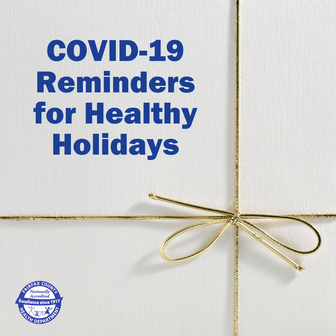 A gold bow with text "COVID-19 Reminders for Healthy Holidays"