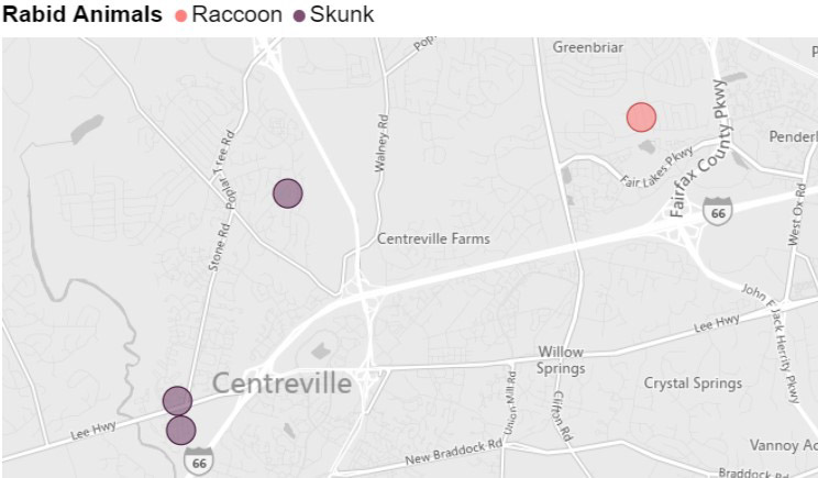 Rabid animals street locator map showing location of four reported incidents