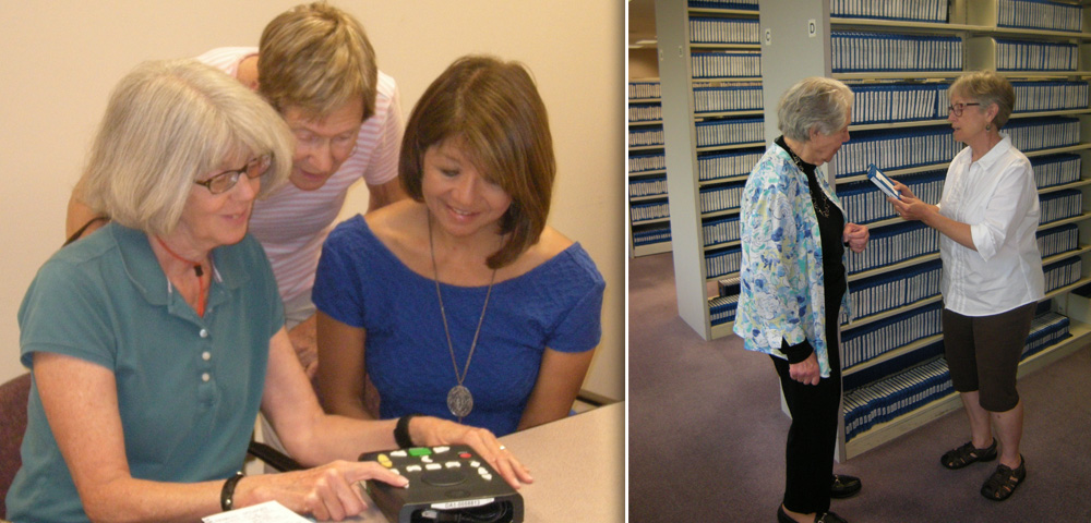 Sandy shows Janet and Ann how to operate the free digital audio player. Nancy hands Gloria a digital audiobook from the shelves at Access Services Library.