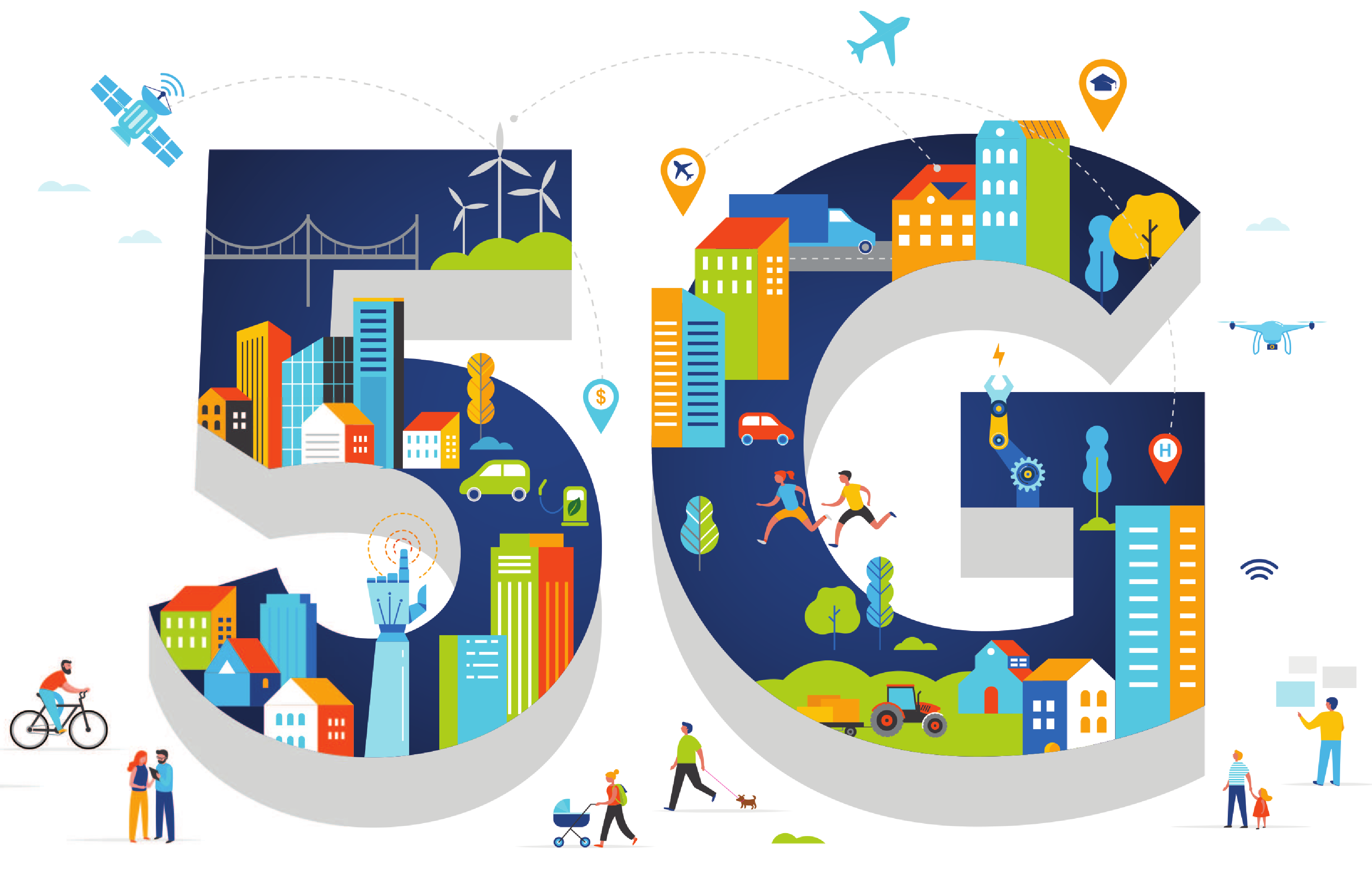 block text 5G filled in with illustrated people, buildings, transportation, landscape elements in bold color and 2D design