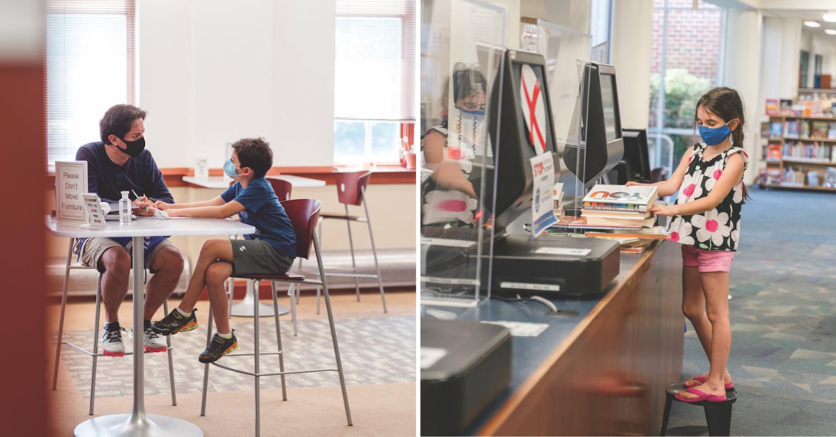 two photos show father and son wearing masks sitting at a table in the library and a young girl using a self-check-out kiosk at the library