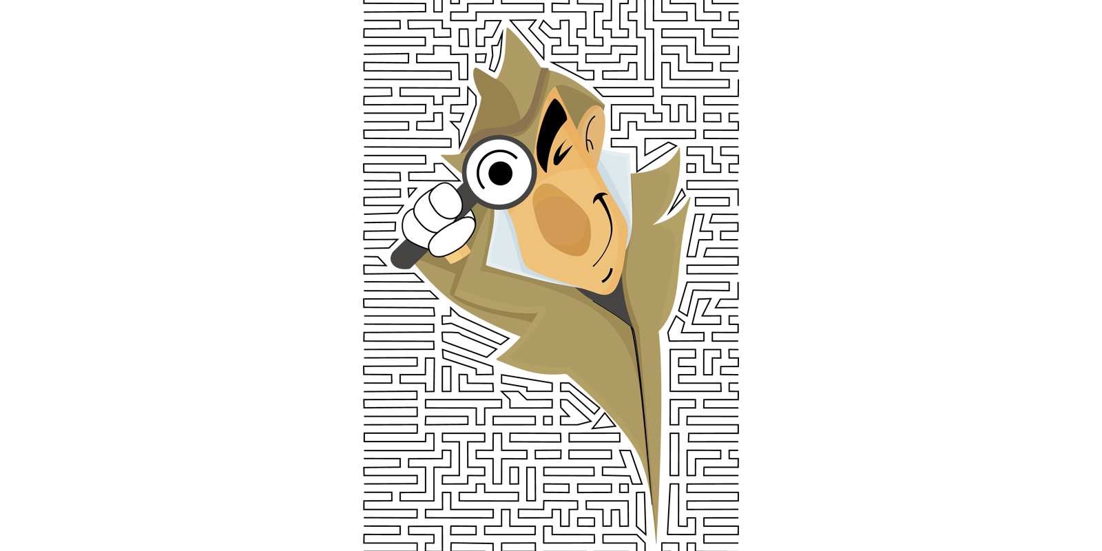 Illustration of a detective with a magnifying glass with a maze background