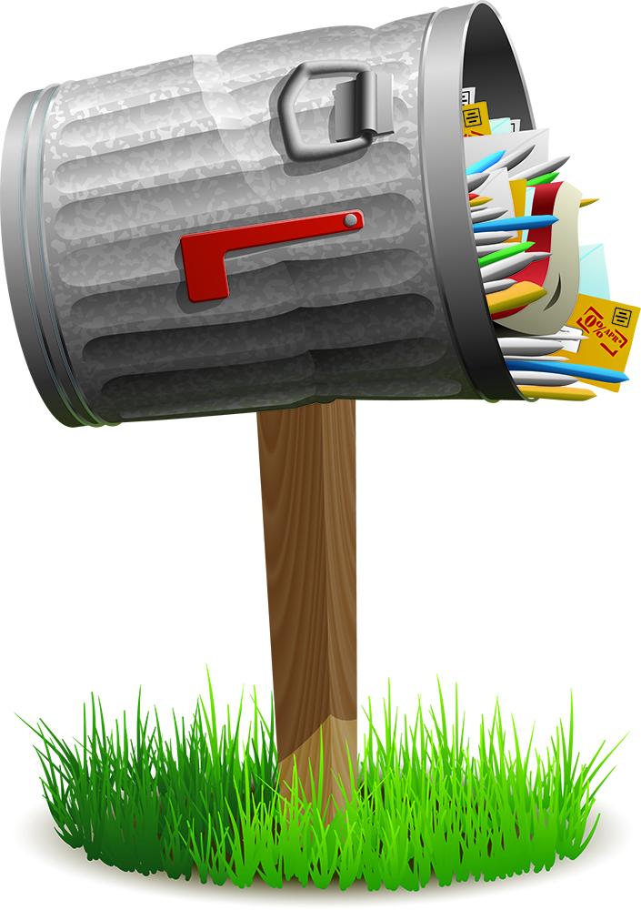 illustration of a garbage can mailbox filled with junk mail