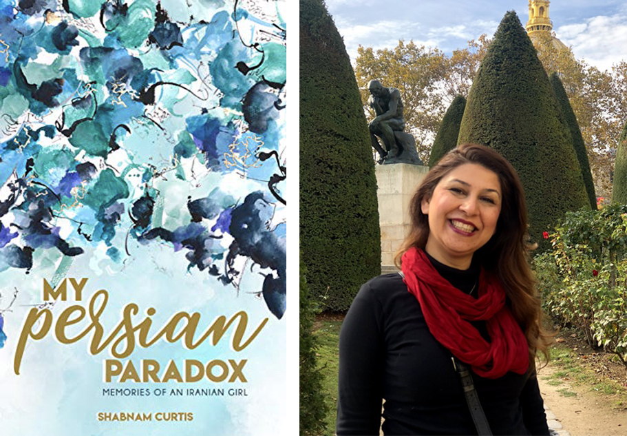 Book cover My Persian Paradox and photos of author Shabnam Curtis