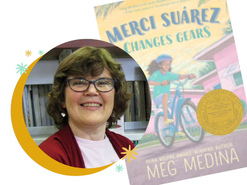 Photo of Sondra Eklund "What It Takes to Choose a Newbery Medal Winner" with book cover of Merci Suárez Changes Gears