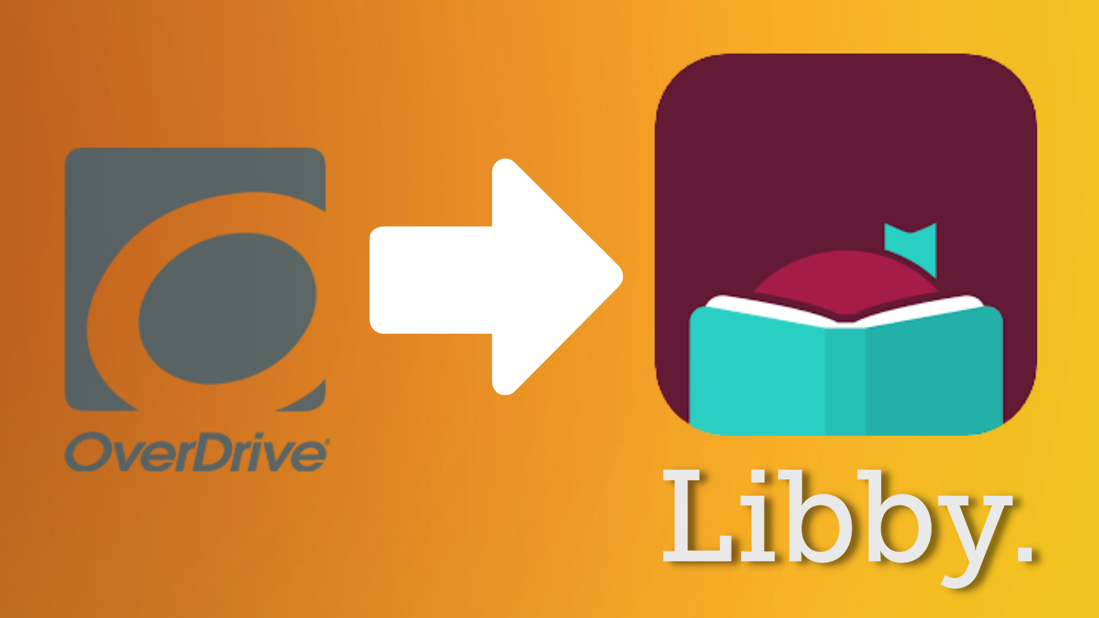 OverDrive app logo on the left, Libby app logo on the right, arrow in between pointing at the Libby app logo