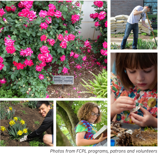 photo collage of spring flowers, gardening, reading, outdoors activities