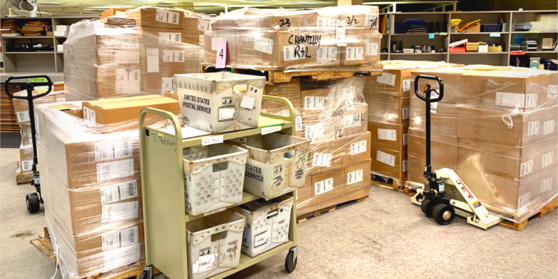 Shipping pallets and boxes in the library's Technical Operations Center 
