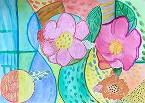 Abstract art with circles and flowers