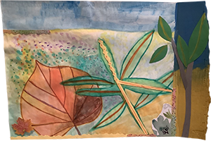 Painting of leaves with collage elements