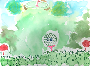 Watercolor painting of a golf scene
