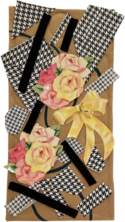 Collage of flowers, ribbons and patterned paper