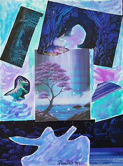 Collage landscape in blues and purples