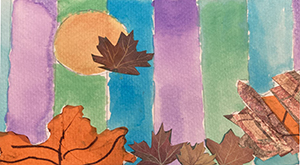 Watercolor painting with leaf collage elements