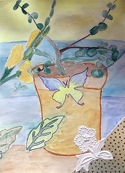 Drawing and painting of a pot with plants, leaves and butterflies