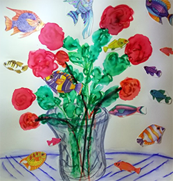 Painting of a vase of flowers with swimming fish collage elements