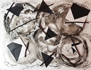 Abstract painting in black and white with collage elements