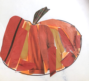 Artwork depicting a pumpkin using collage color paper