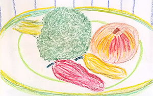 Still life drawing of vegetables on a plate