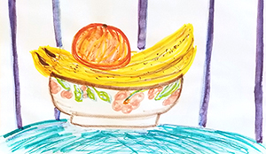 Still life drawing of fruit in a bowl