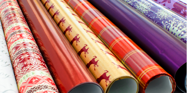 rolls of wrapping paper in various colors