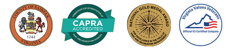 Fairfax County logo, CAPRA logo, NRPA Gold Medal, Virginia Values Veterans 3 logo