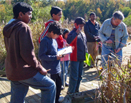 Naturalist points out something in the wetlands to a group of youngsters