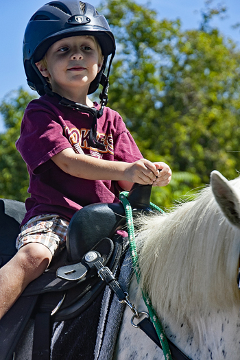 Young boy wearing helmet sits atop a horse