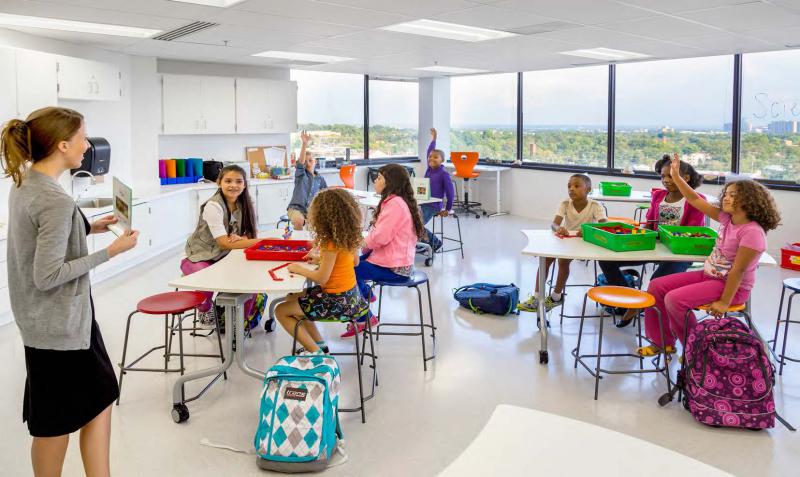 A classroom in Baileys Elementary, Fairfax County first "high-rise" school in a converted office building.
