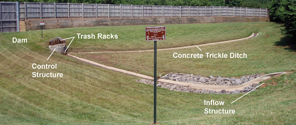 Dry pond image shows dam, trash racks, control structure, concrete trickle ditch, and inflow structure