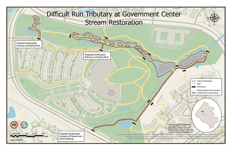 Proposed construction entrance at existing pond, Proposed construction entrance at government center parkway, limits of disturbance, trails, trail closures, proposed pond improvements