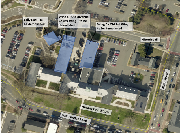 site map: Sallyport - to be demolished; Wing E - Old Juvenile Courts Wing - to be demolished; Wing C - Old Jail Wing to be demolished. Historic Jail; Main street