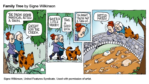 Bottled Water Comic. The park looks magical after a rain, except for the creek, which is filled with water bottles!