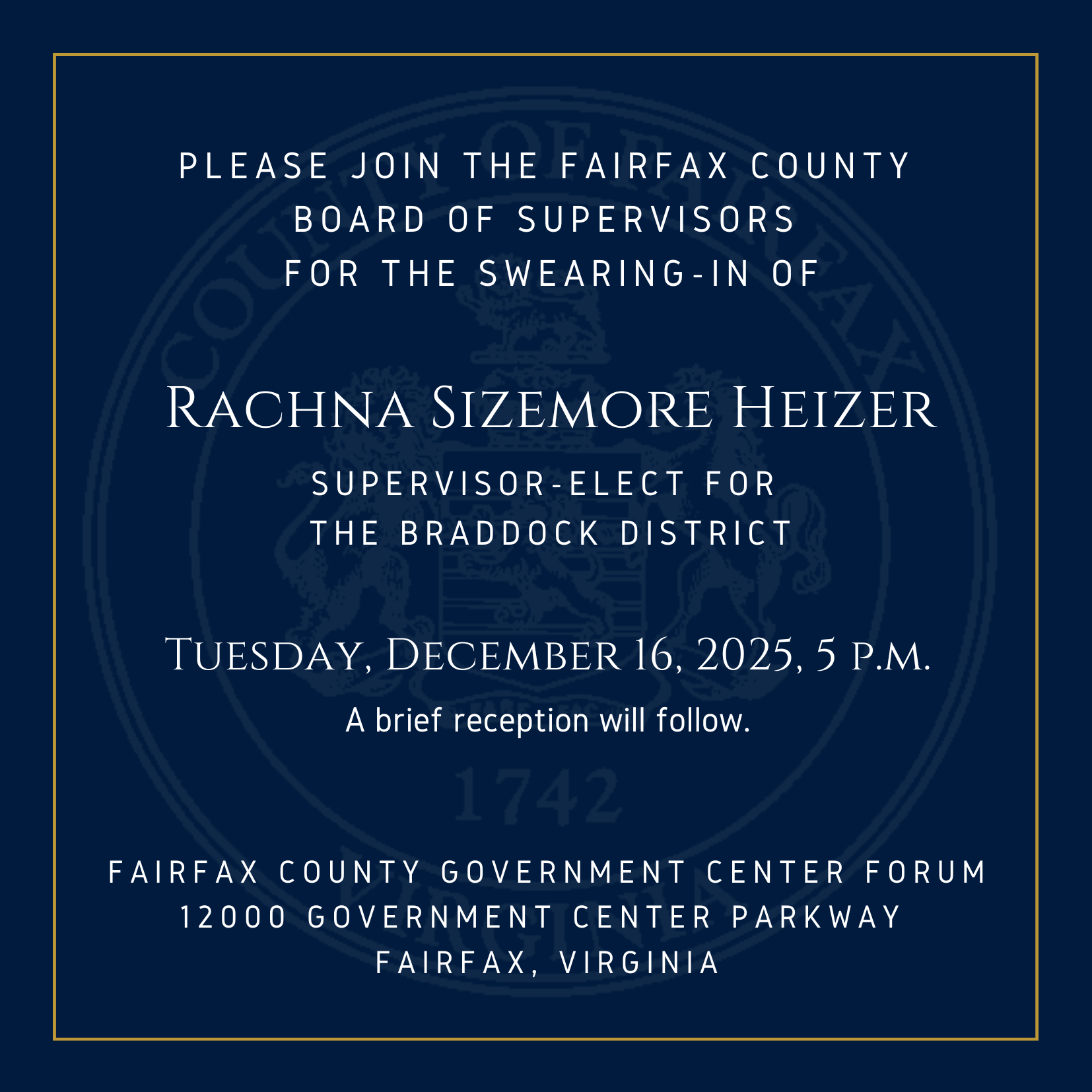 Invitation to the swearing-in ceremony for Rachna Sizemore Heizer.