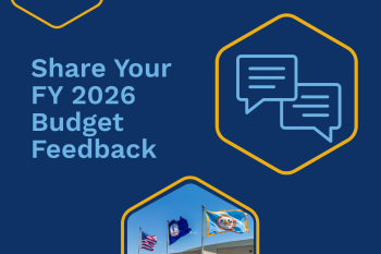 Images of speech bubbles and government center flags.