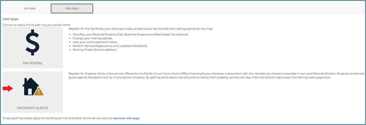 Screenshot of adding the Property Alert app